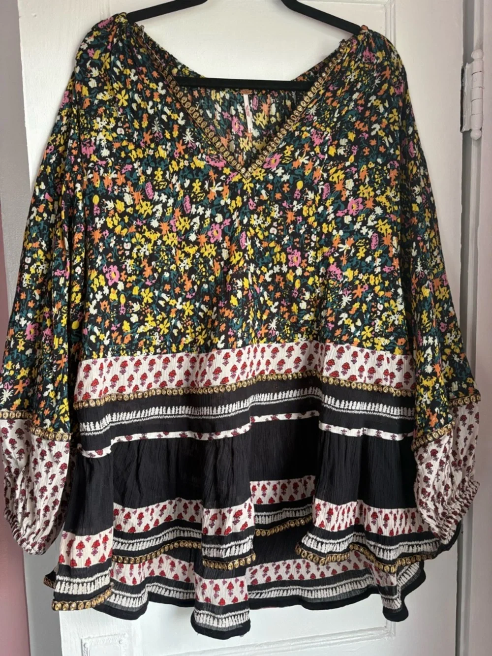 Free People Gardenia Mixed Print Sequin Tunic Blouse Black Small Boho Festival